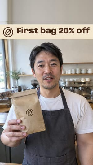 Example ad: a barista in a plain apron talking to camera and holding a kraft coffee bag marked with a ring and a split coffee bean, the offer printed across the top